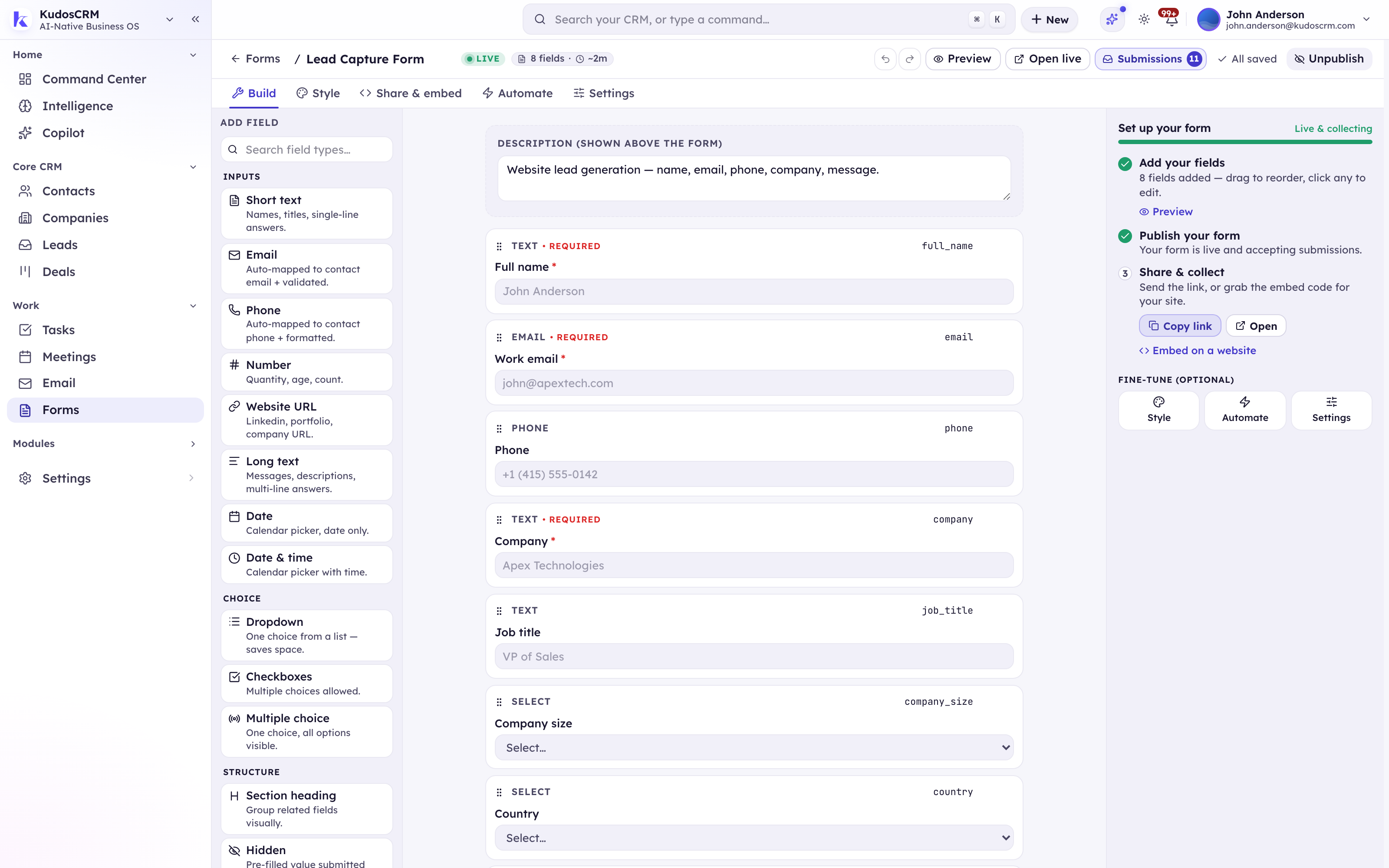 Forms in KudosCRM