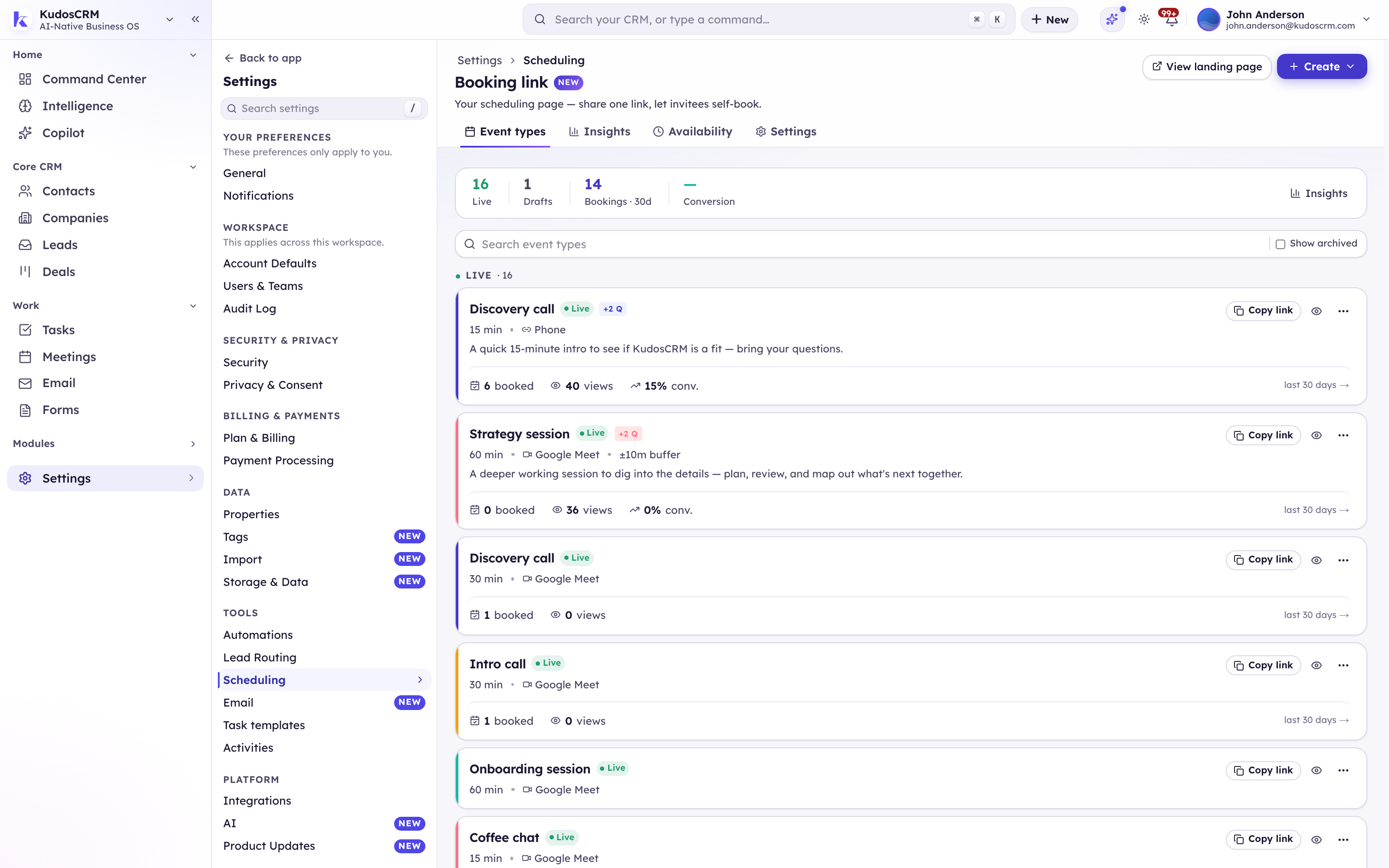 The KudosCRM booking-link screen with its Event types, Insights, Availability and Settings tabs, a live/draft/bookings summary, and each event type showing its duration, location, bookings, views and conversion