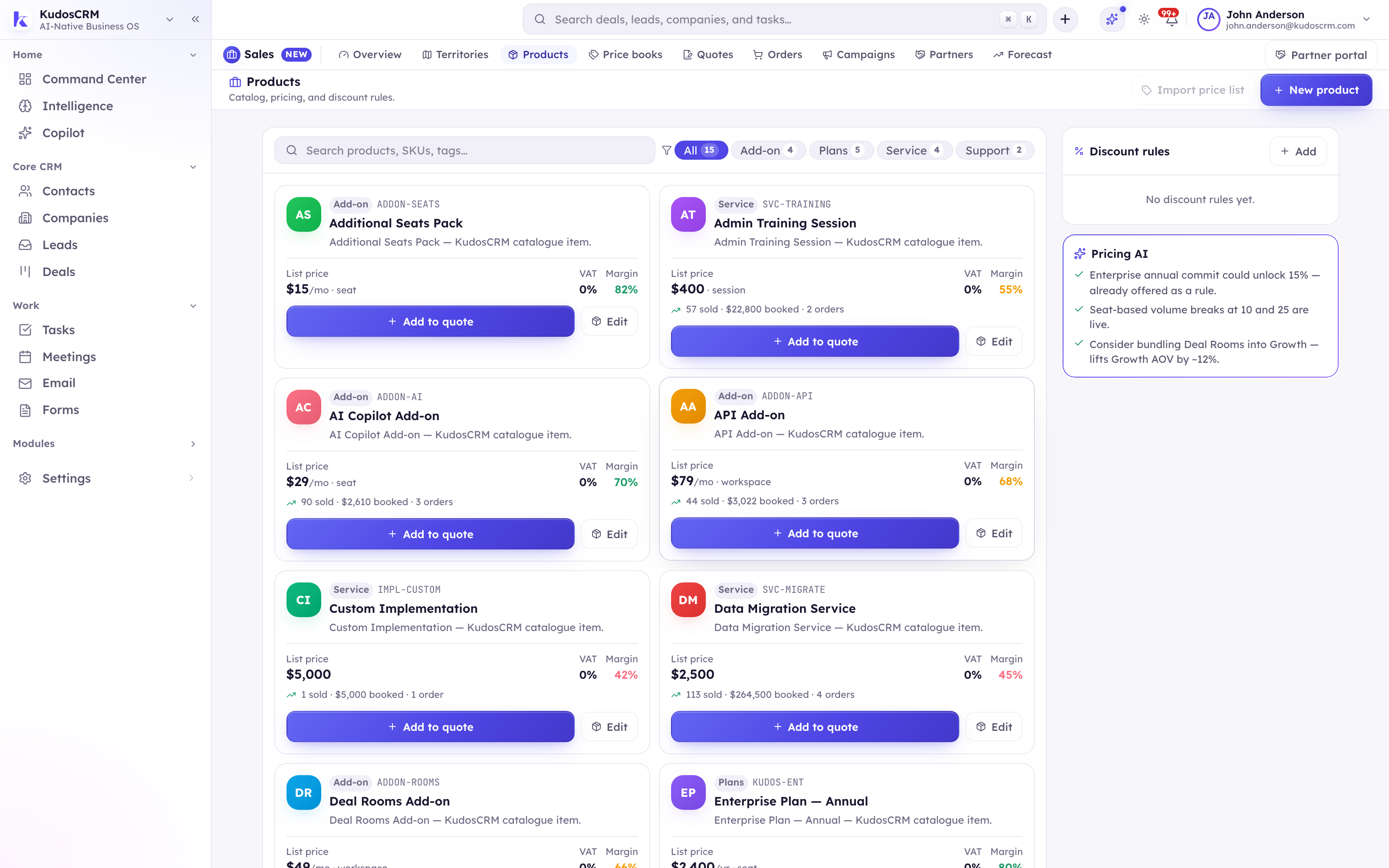 Products & Pricing in KudosCRM