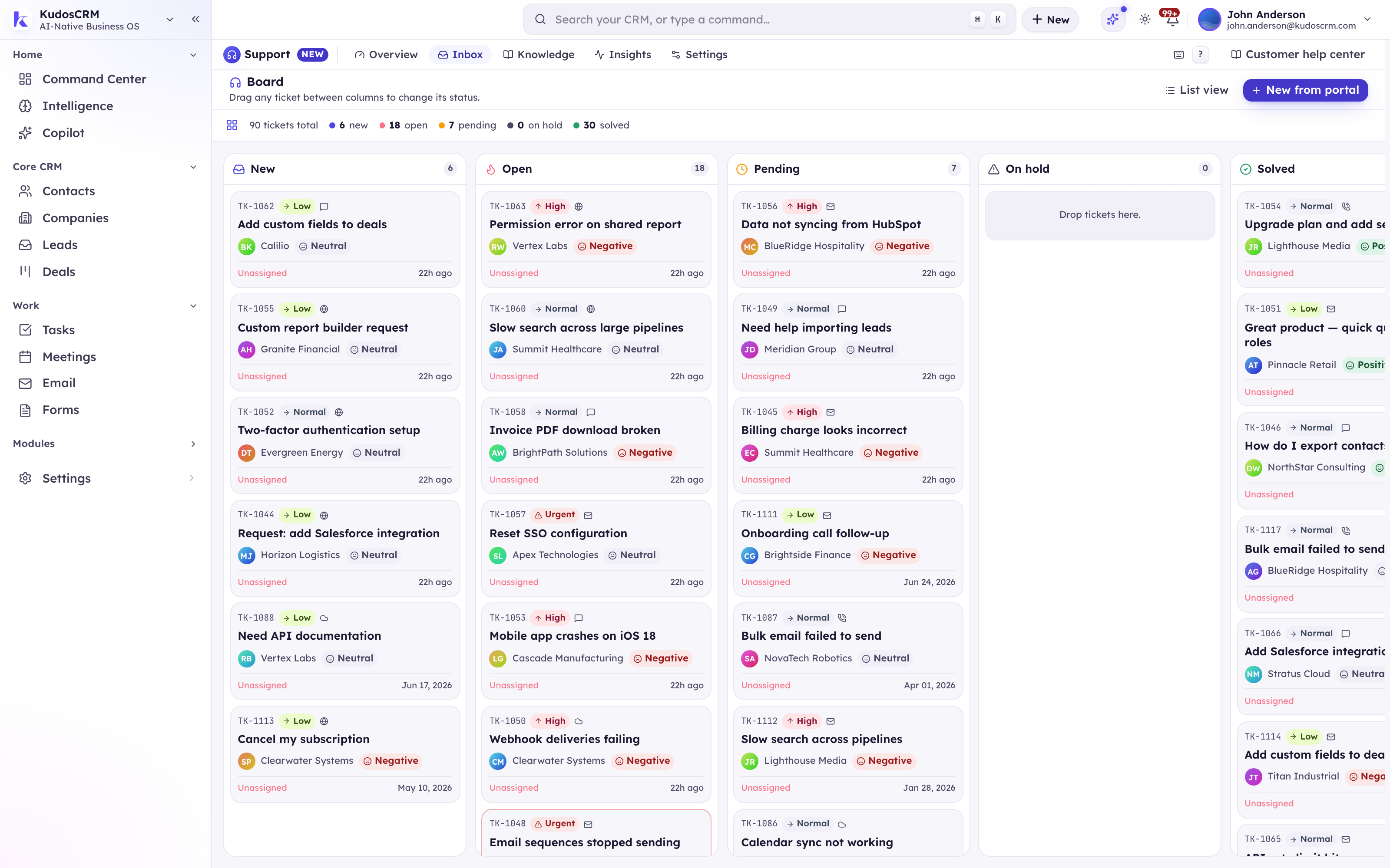 The KudosCRM Support board: New, Open, Pending, On hold and Solved columns of TK-numbered ticket cards with priority, requester company and assignee, dragged between statuses